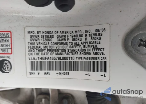 2009 Honda Civic Gx from USA, damaged, VIN 1HGFA46579L000110